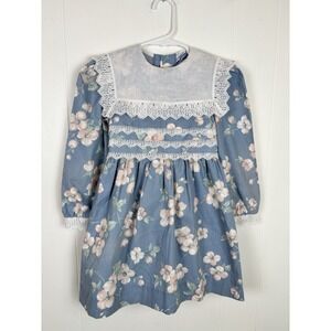 Vintage Polly Flinders Girls 6 Blue Pink Blossoms Dress Lace Collar Easter